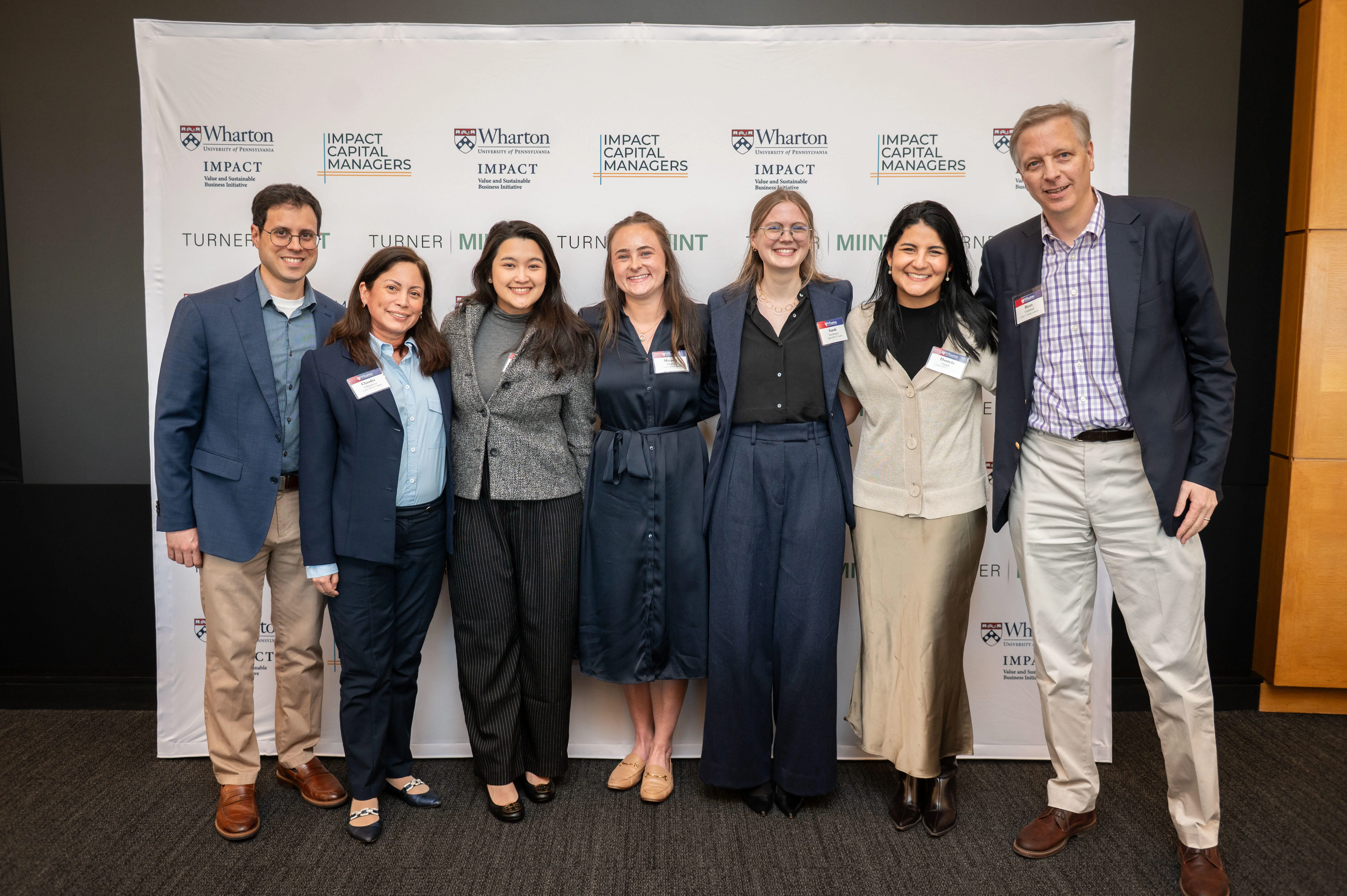 From left to right: panel judge, Claudia Villanueva (MPA), Joviana Aprilia (MPA), Micaela Duffy (MPA), Daniela Saade (MPP), Sarah Swackhamer (MPA), and panel judge at the Turner MIINT global finals