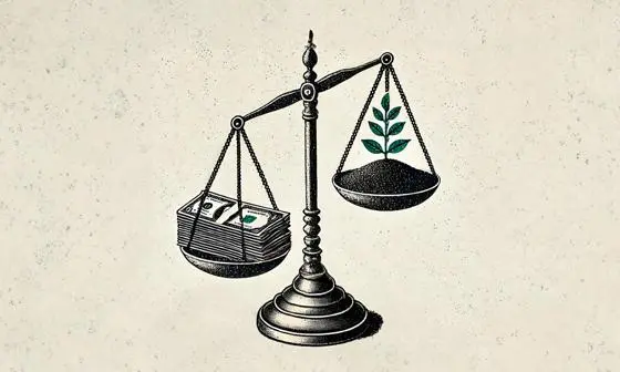 A set of scales showing money on one side and the environment on the other