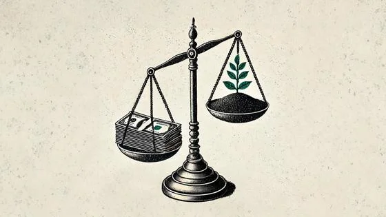 A set of scales showing money on one side and the environment on the other