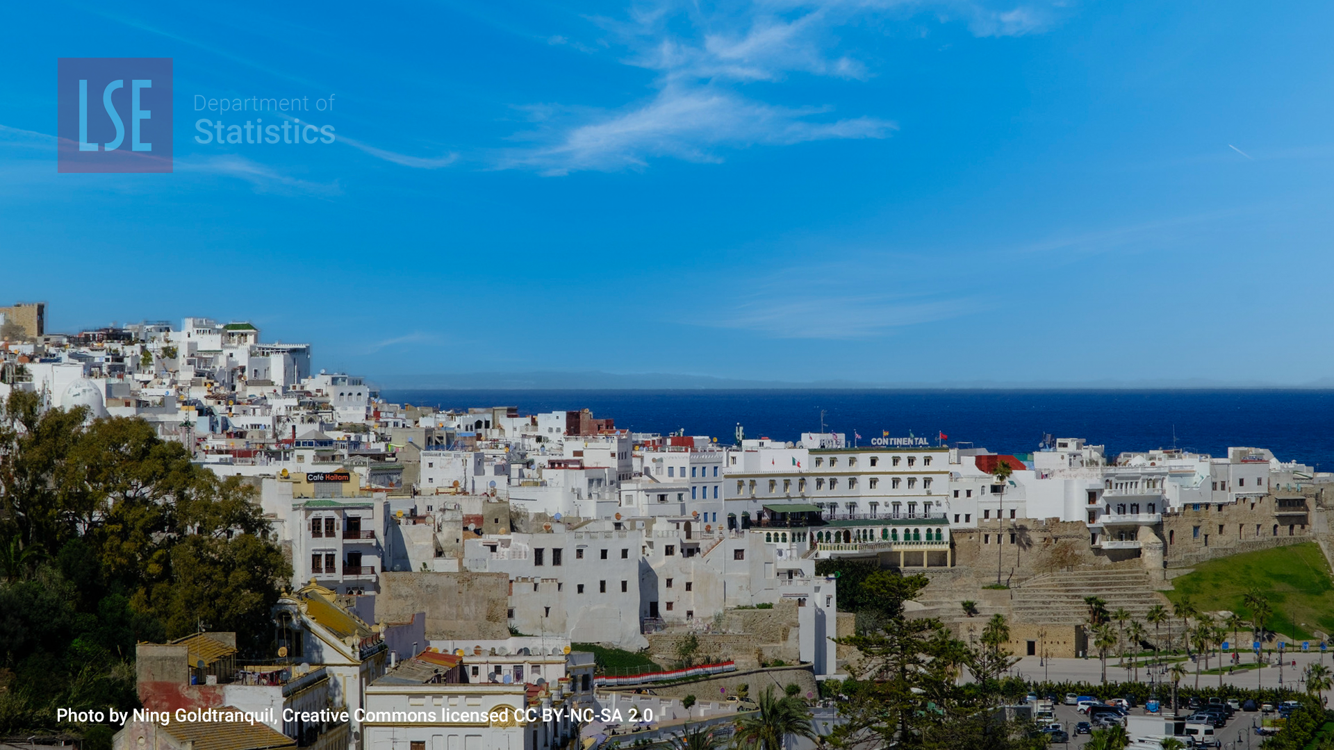 A view of Tangier buildings with blue sky and sea behind