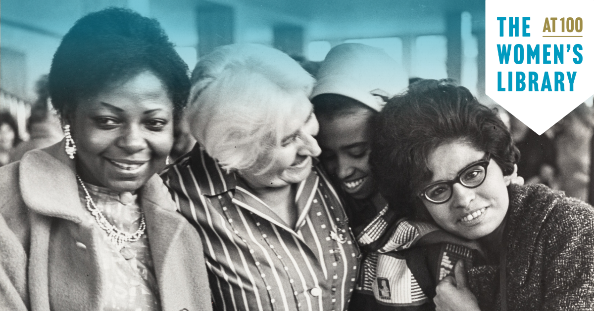 A photograph from the Women's Library Collection showing four delegates at the World Congress of Women, Moscow 1963