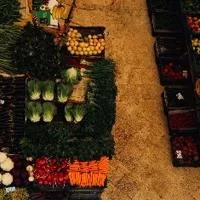 Overhead view of a fresh produce market stall filled with neatly arranged colourful vegetables and fruits
