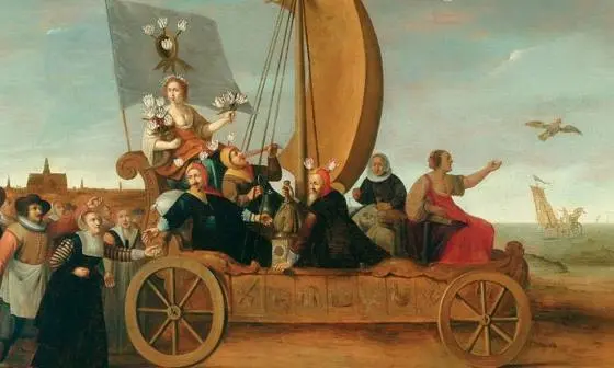 painting of cart bearing a woman holding tulips, representing tulipmania