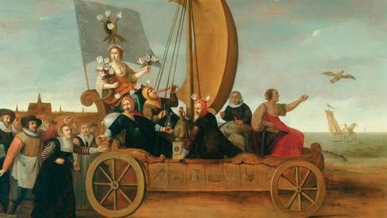 painting of cart bearing a woman holding tulips, representing tulipmania
