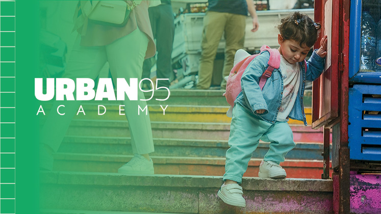 the urban95 academy logo overlaying a child walking down steps
