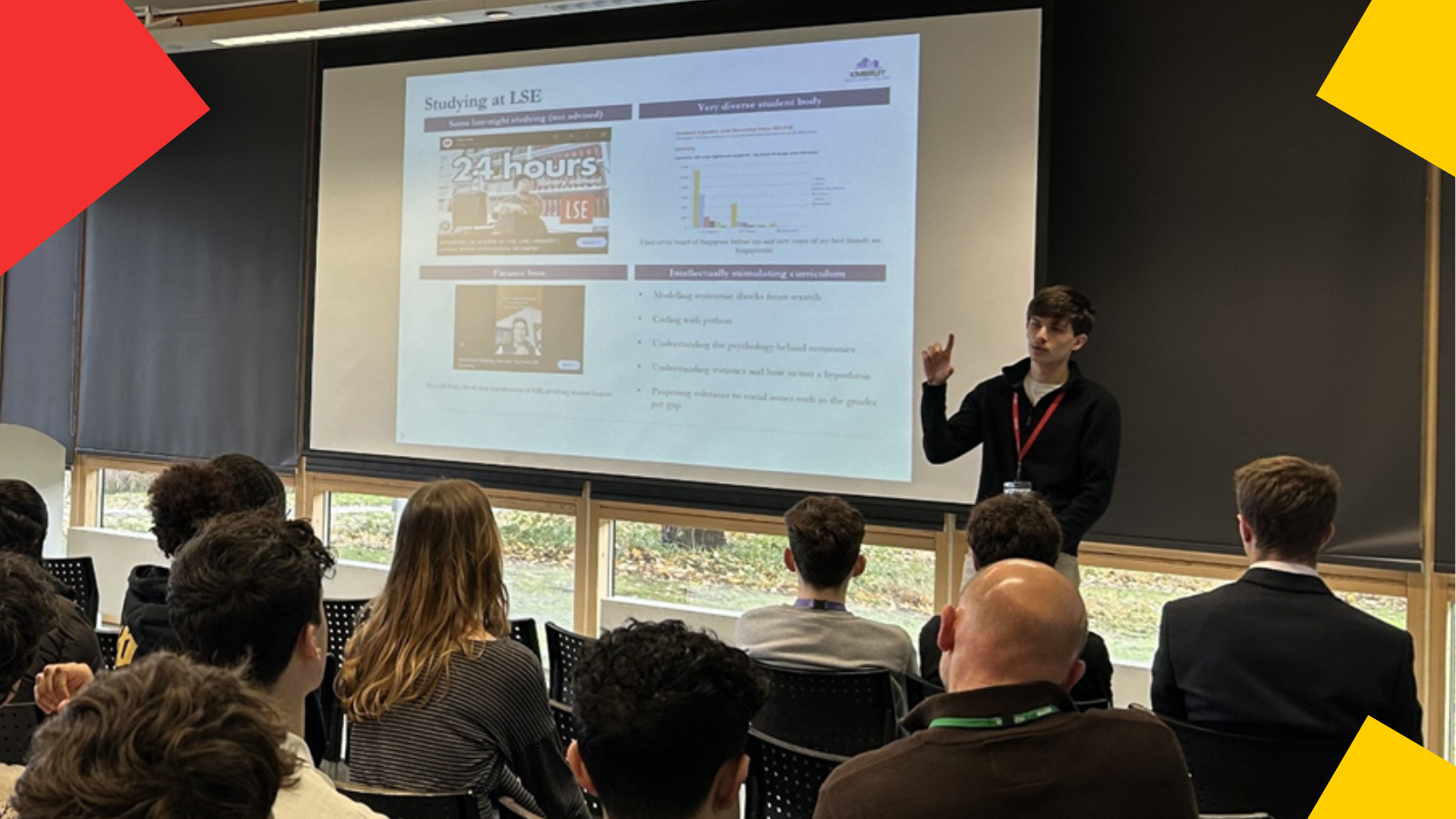 An Uggla Family Scholar giving a presentation at a school
