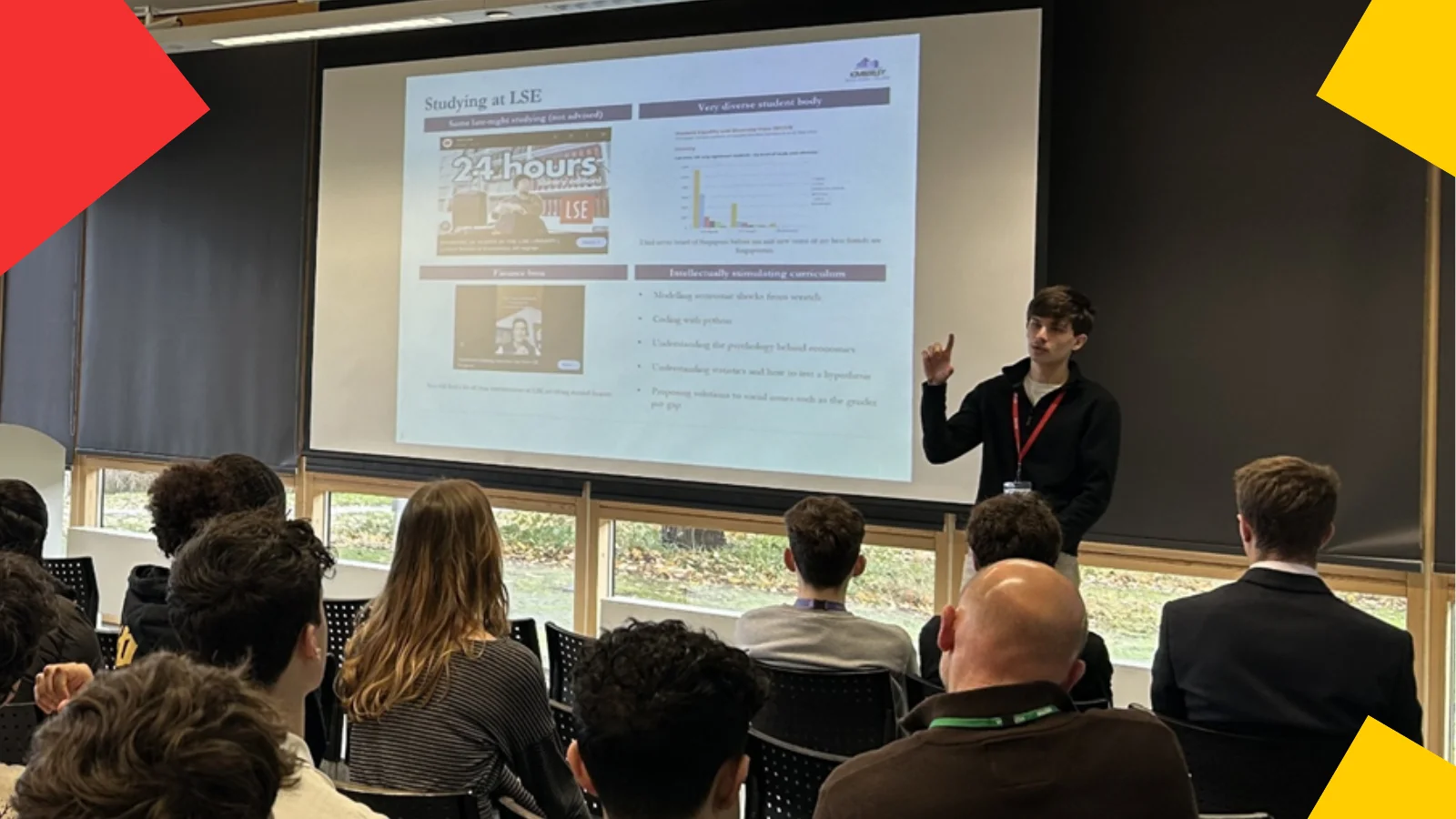An Uggla Family Scholar giving a presentation at a school