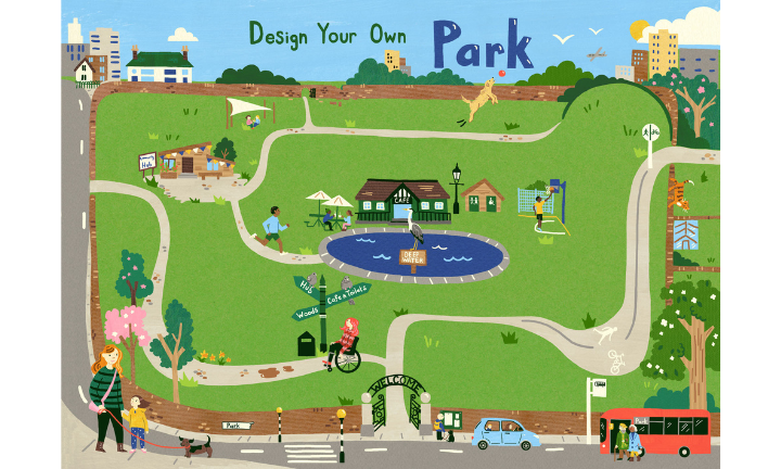 Design your own park | Urban park map showing a cartoon park in a city setting, with a pond and roads surrounding the park. 