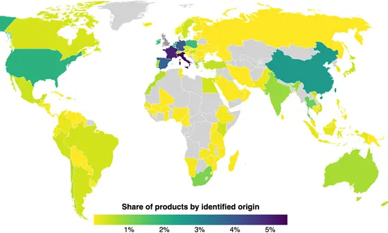 A shaded map of the world: "Share of products by identified origin". Europe and the US are most intensely shaded.