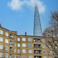 London council housing in front of the Shard building