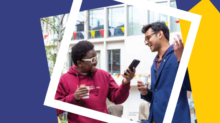 Decorative image: Two students chatting on campus.