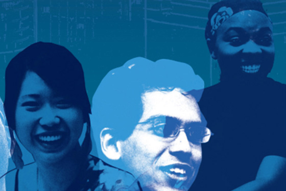 Graphic showing smiling faces overlaid on an illustration of a city.