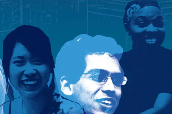 Graphic showing smiling faces overlaid on an illustration of a city.