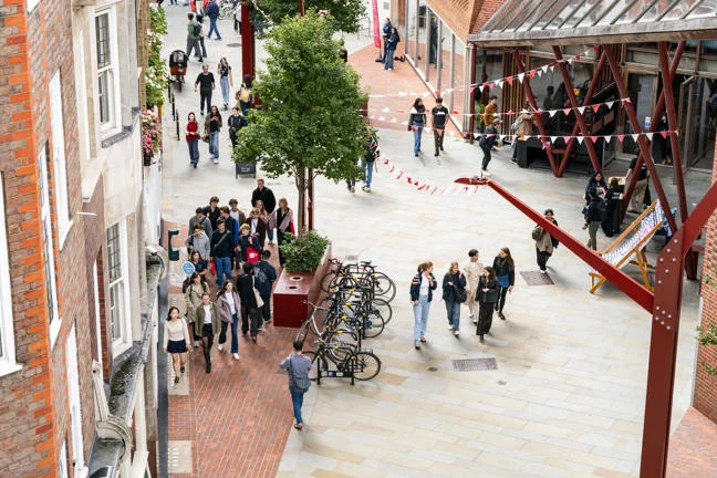 Students gathering outside campus