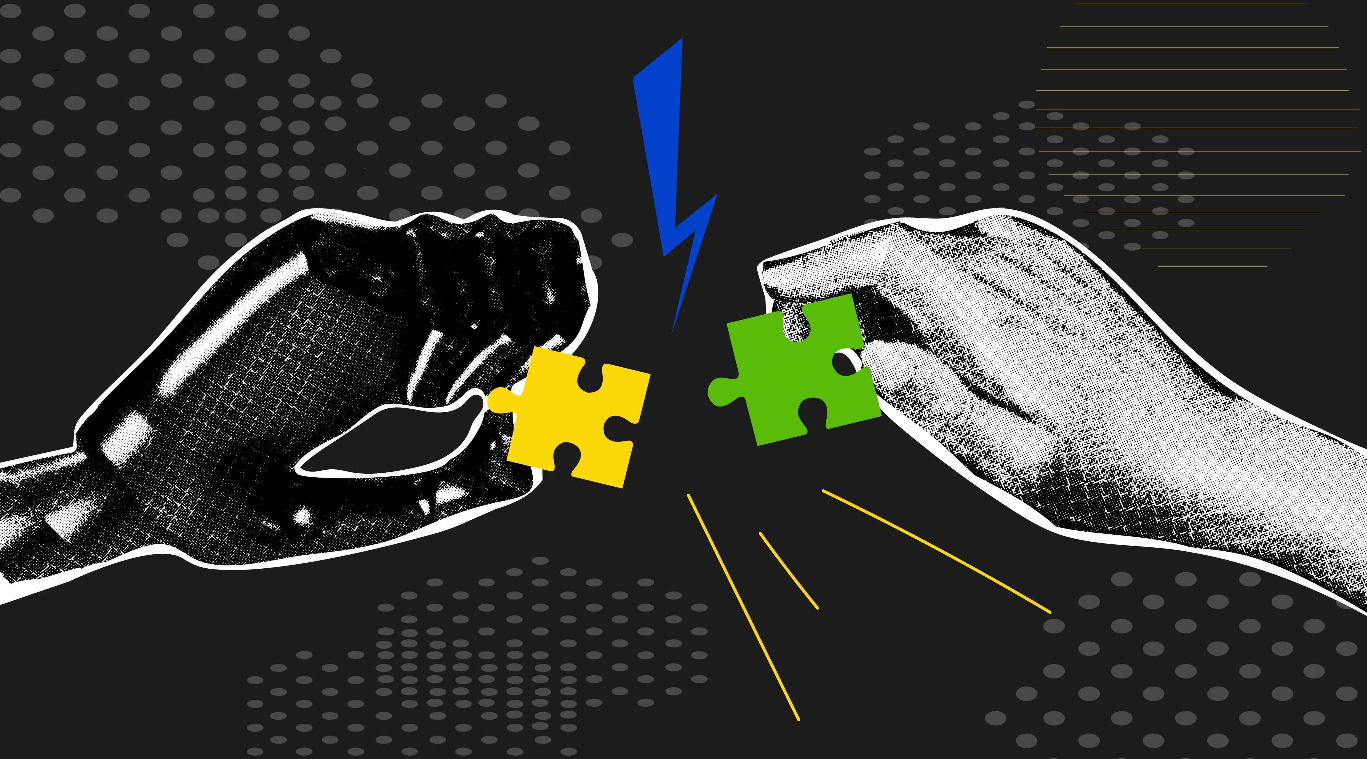 robot hand and human hand complete a jigsaw