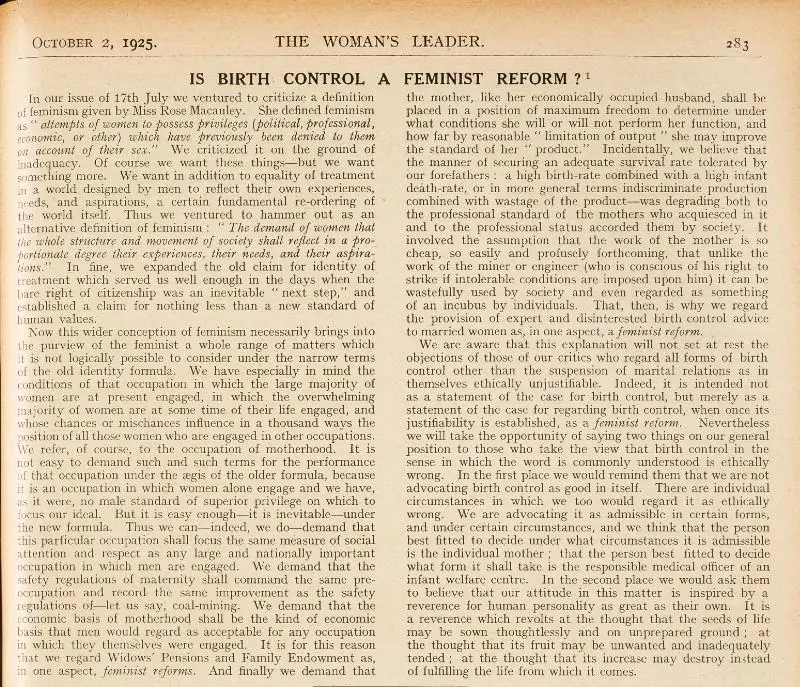 An article in the Woman's Leader about birth control