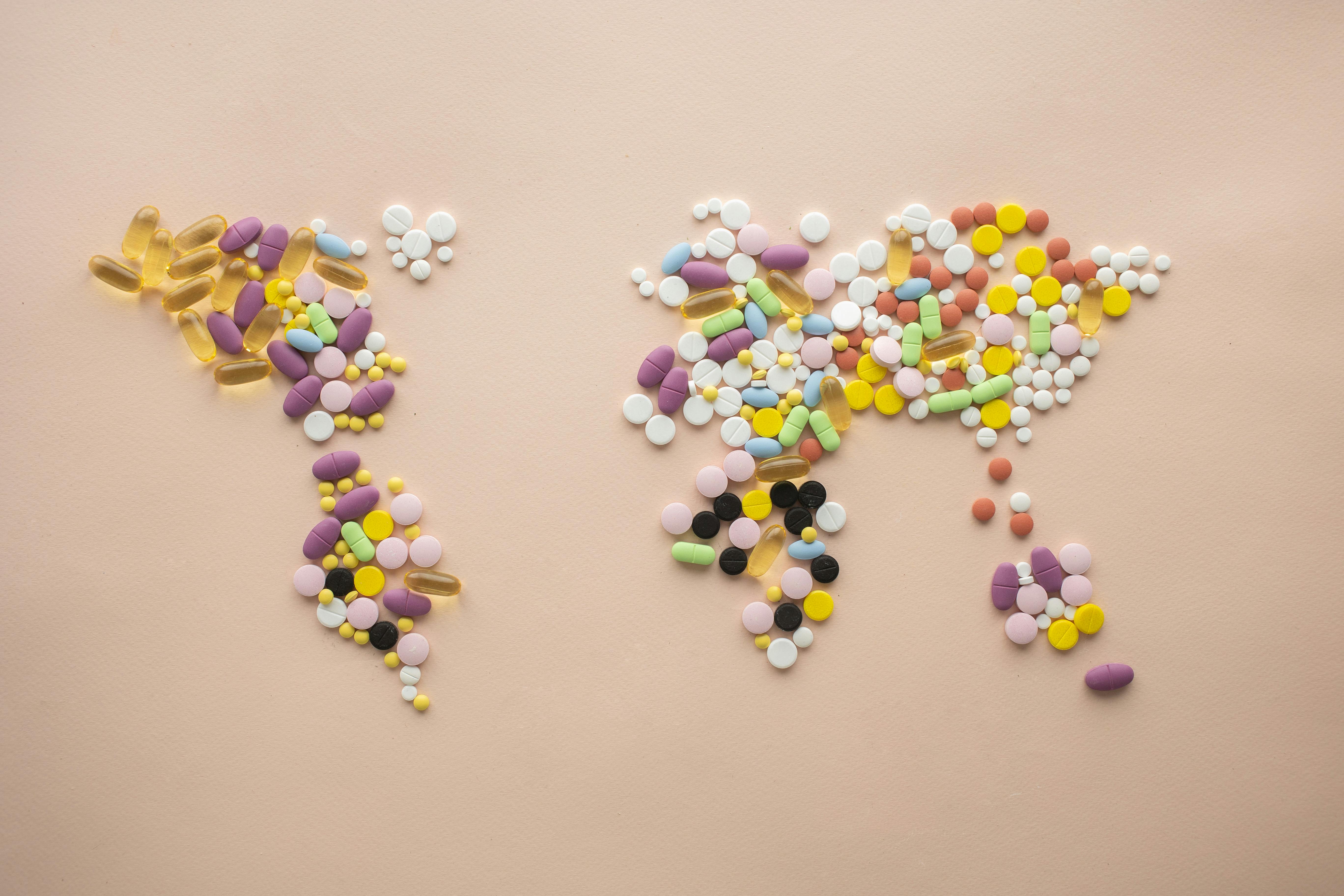 Antibiotics arranged in the shape of the world