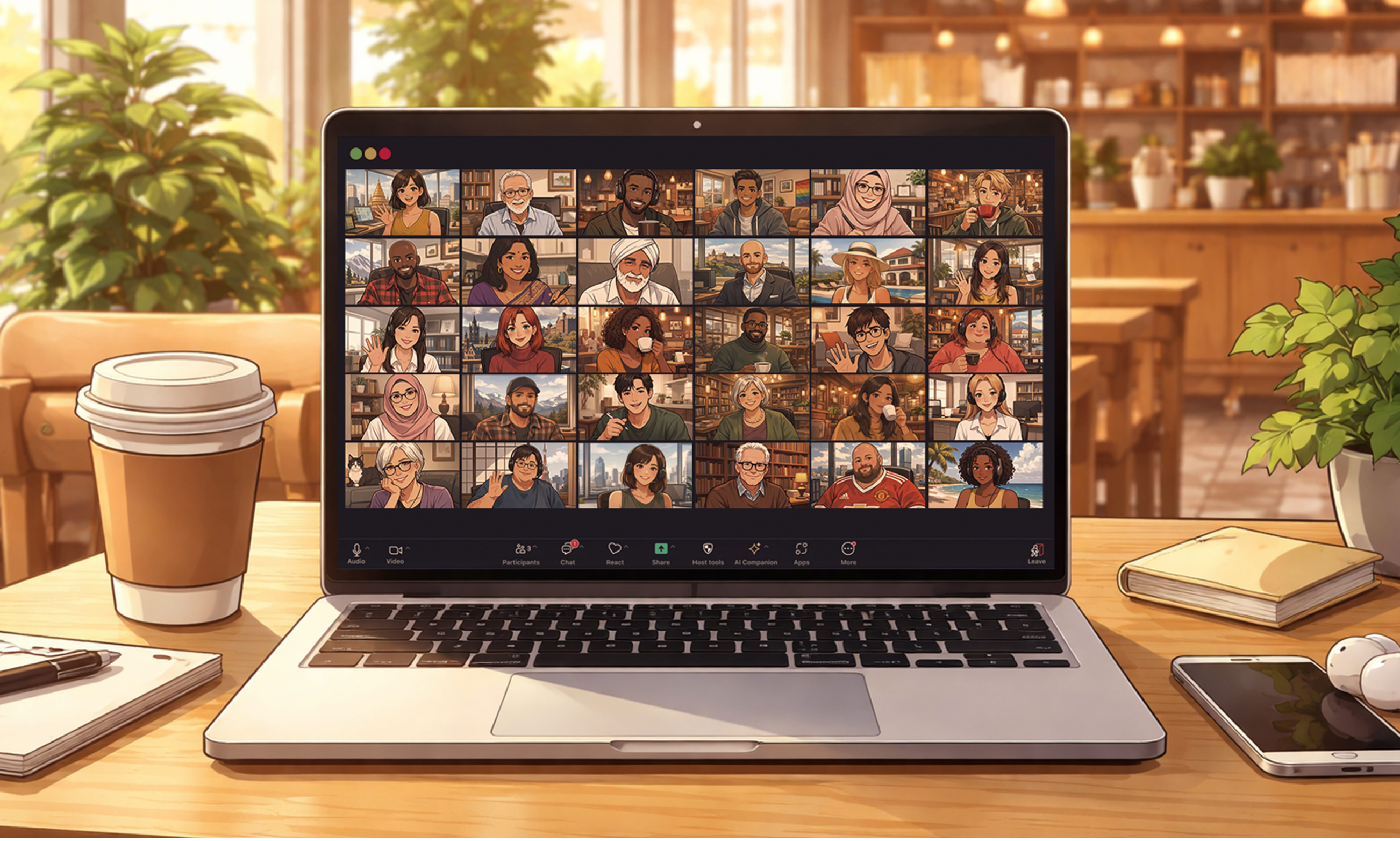 An open laptop with a screen showing an online meeting. 
