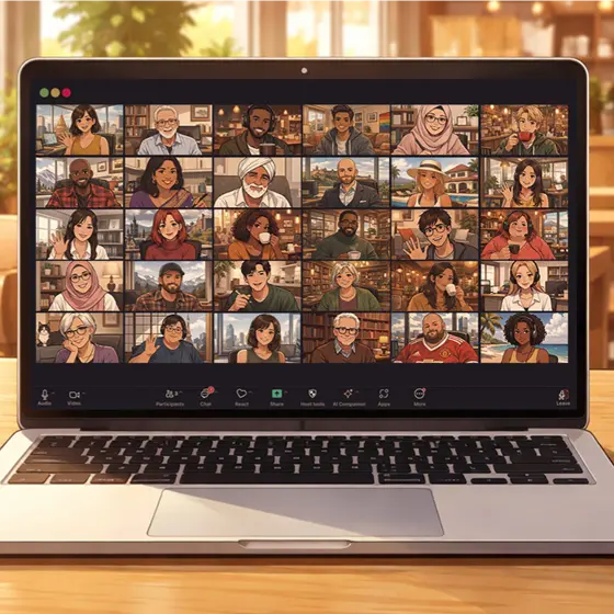 An open laptop with a screen showing an online meeting.