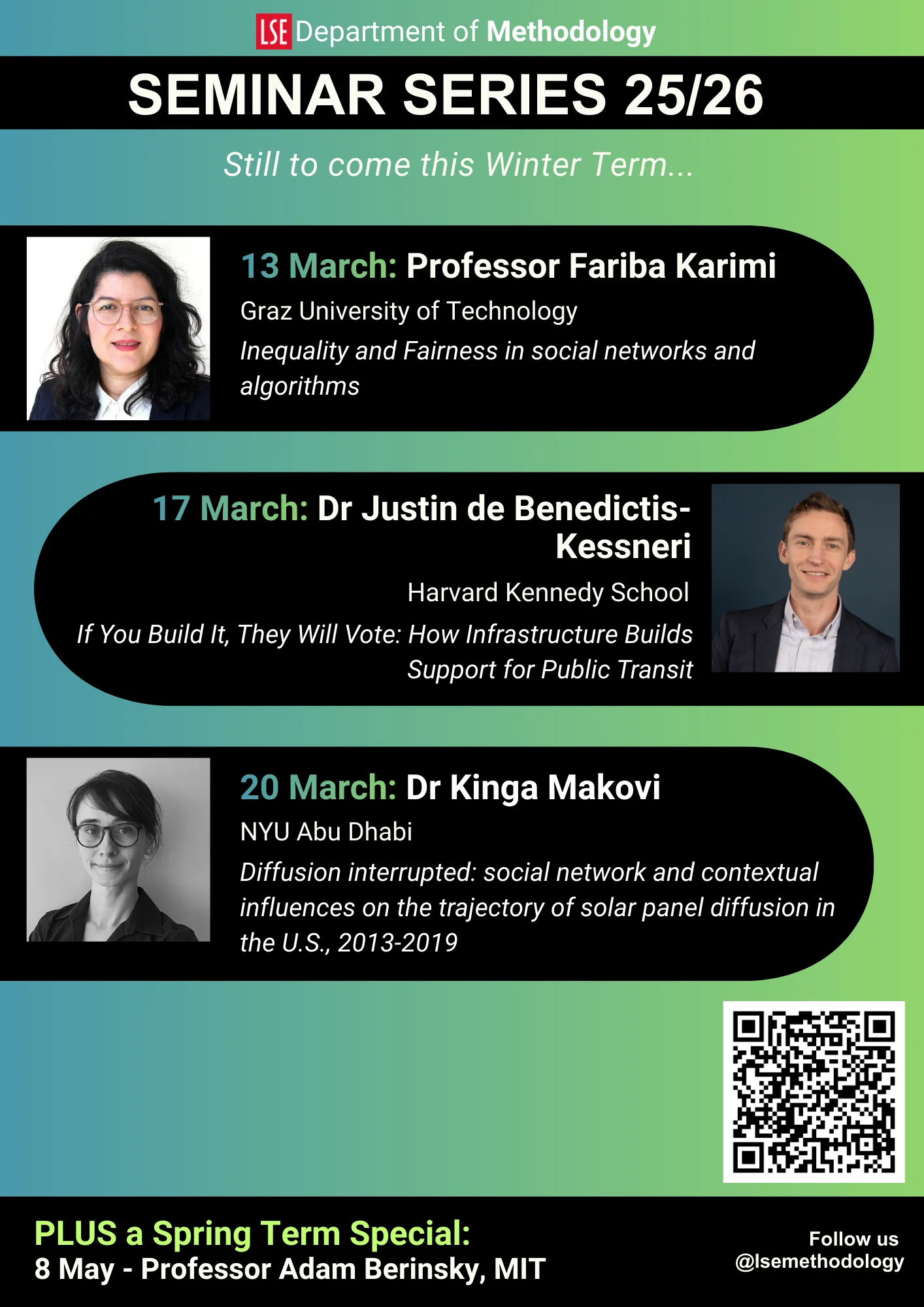 Poster advertising the three upcoming seminar series for the department of methodology
