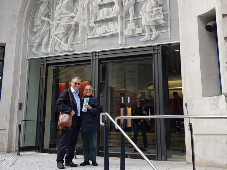 Tony and Phoebe Hall pose for a photo outside the LSE Old Building