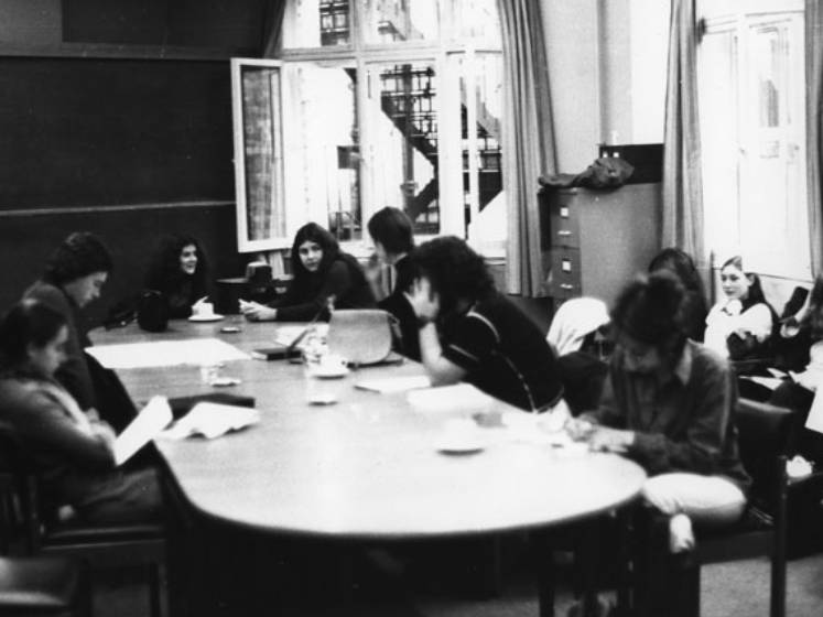 Black and white image showing students working in a social administration study room in 1973