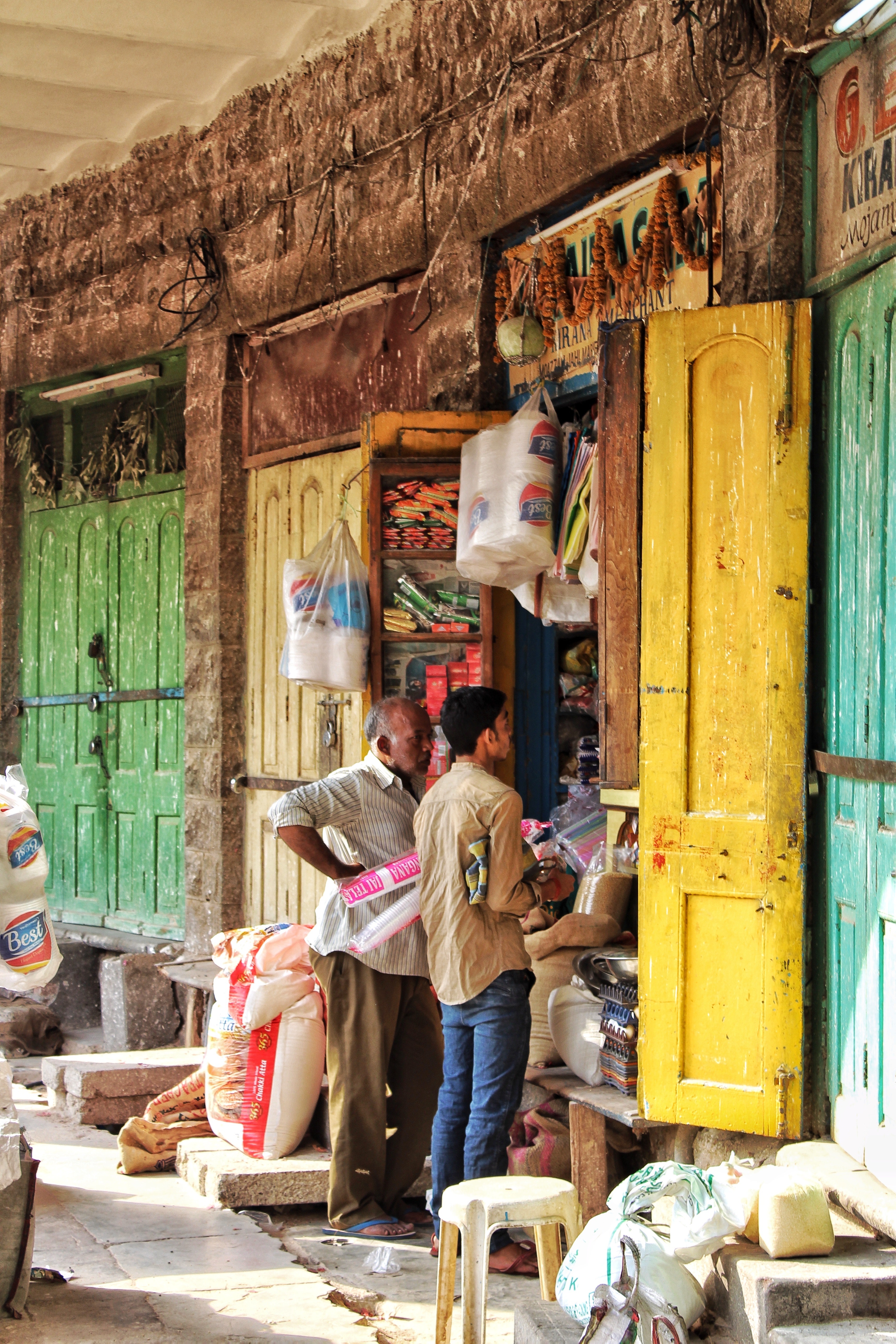 Market with colourful doors