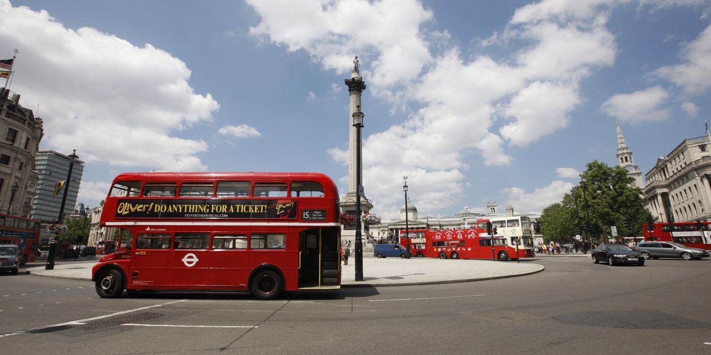 Red bus trafalgar banner