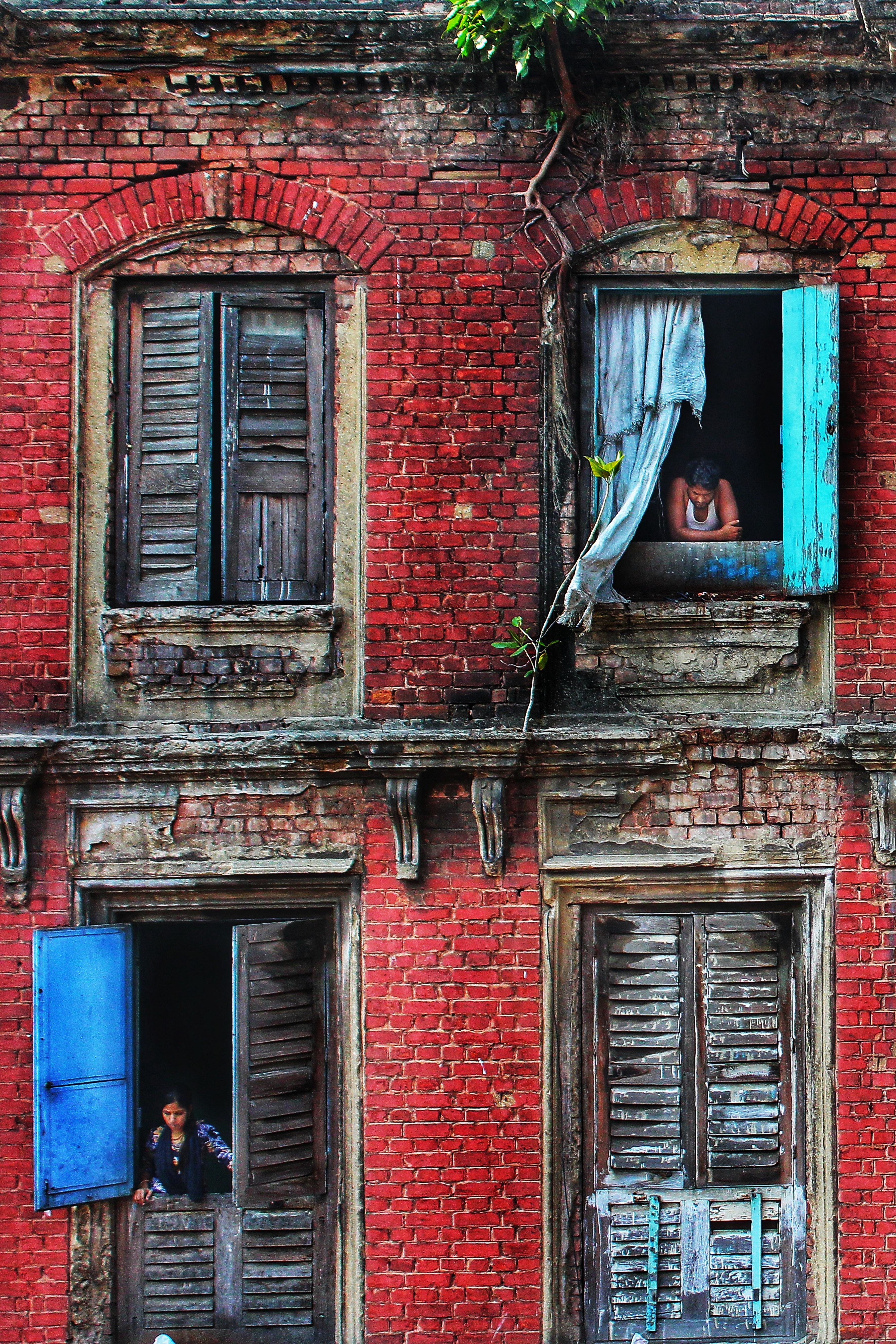 red brick house with blue shutters