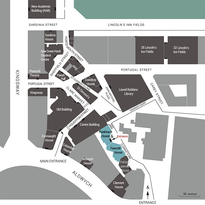 Map showing how to reach the entrance to LSE CPEC from Aldwych