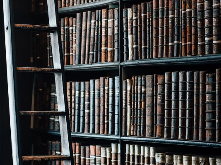 Books stacked on shelves in a library