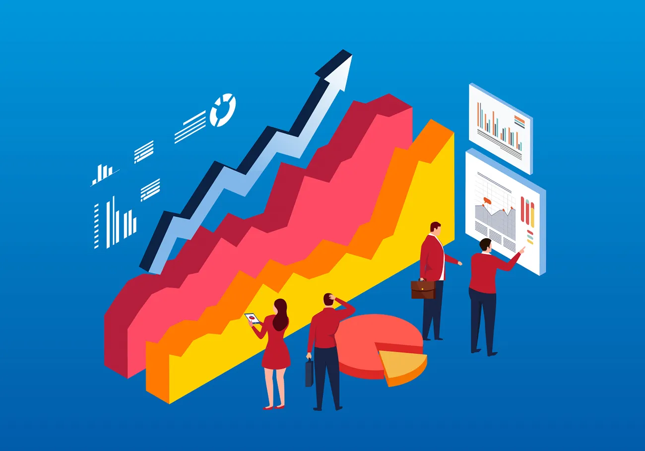 Illustration showing men and women looking at large graphs