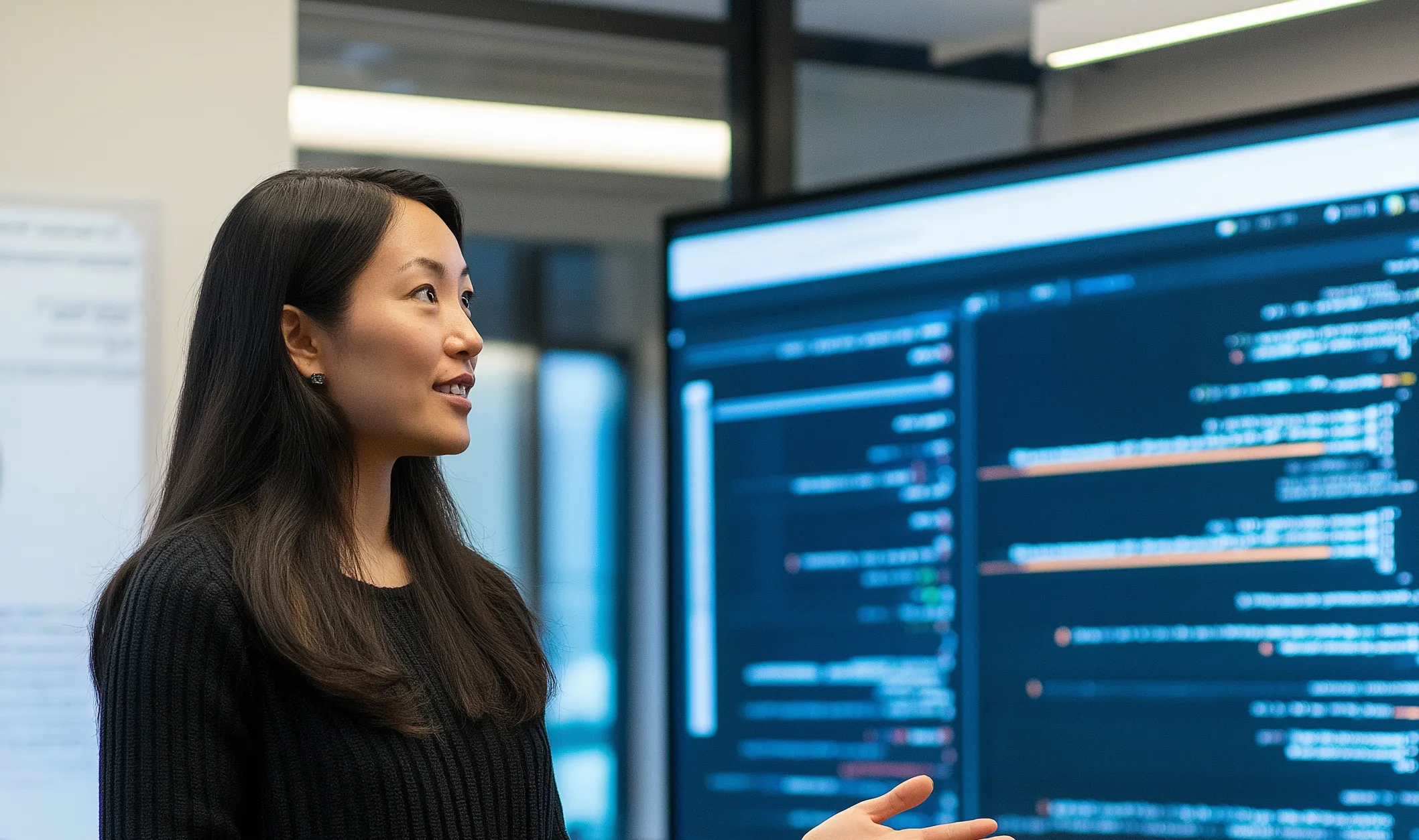 Female executive engaging with a big screen displaying code AI Leadership