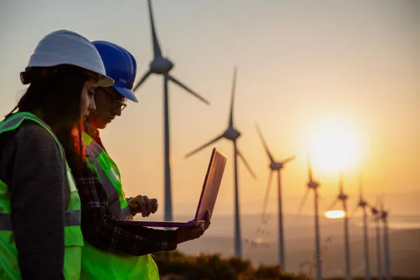 Two workers at a wind farm Politics and Policy of Climate Change and Sustainability