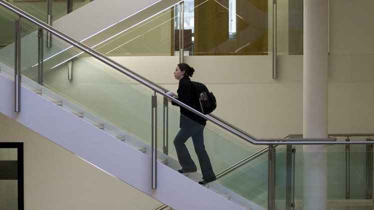Student climbing up stairs