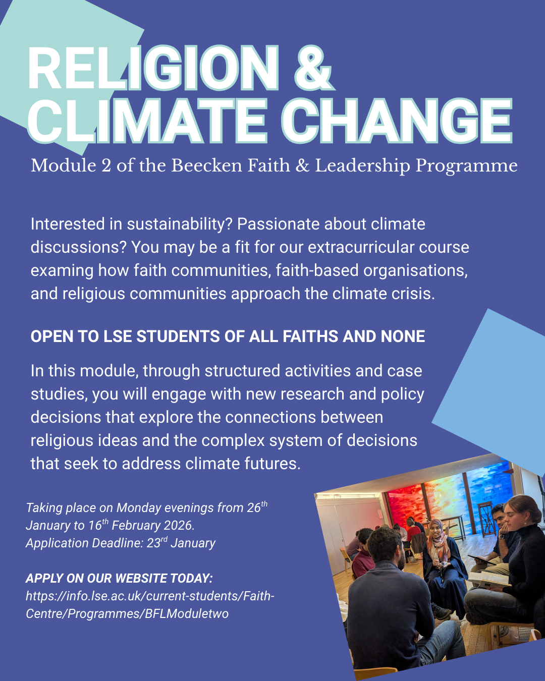 Religion and Climate Change on a blue background with blue squares and an image