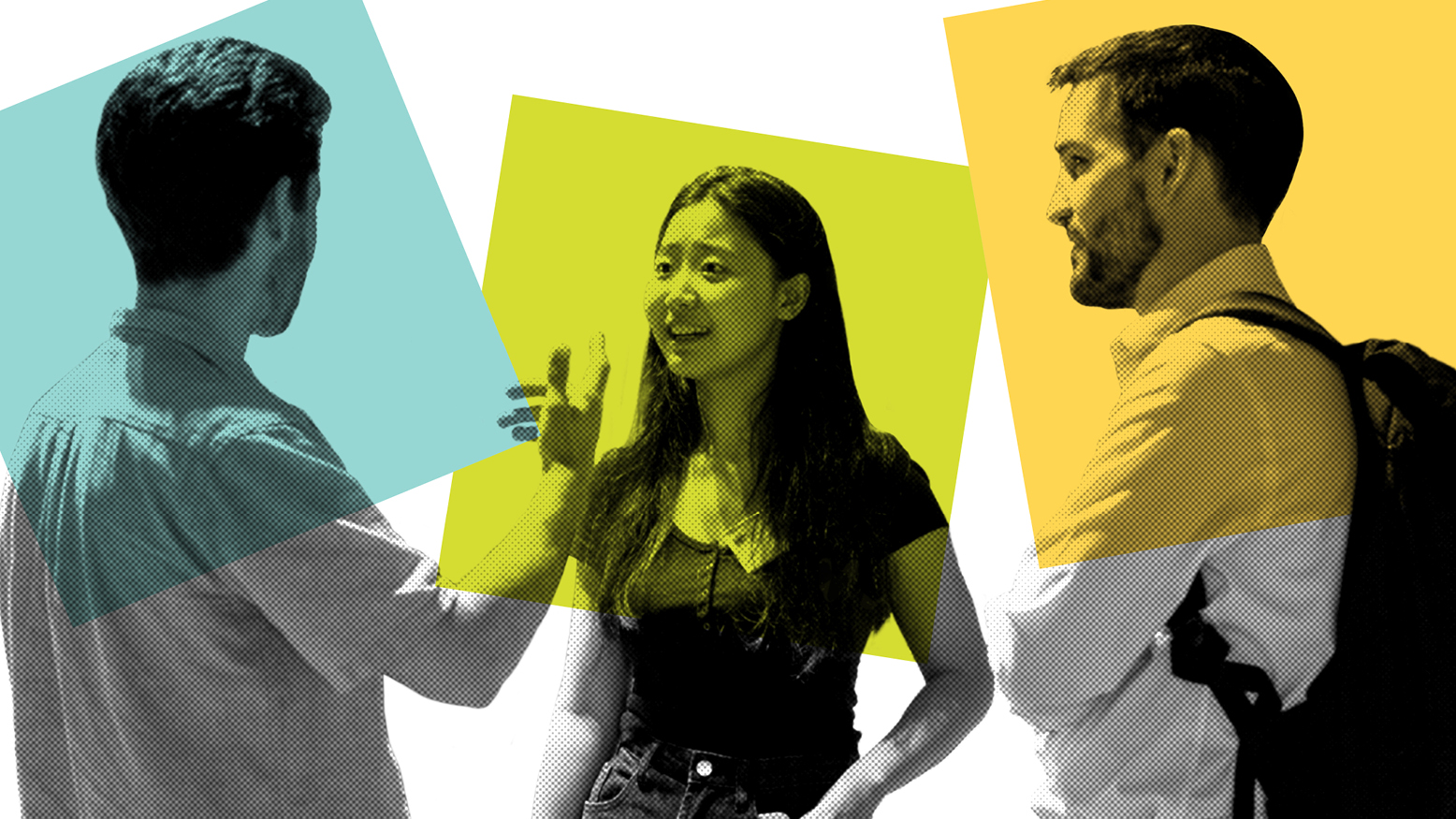 Students speak together with coloured boxes over the image