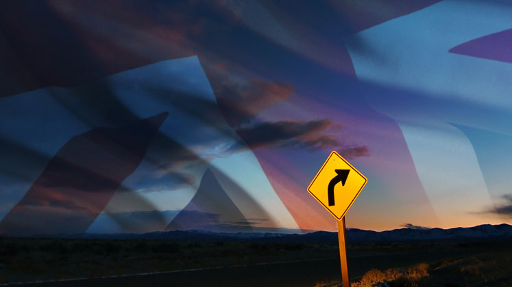 The Future of UK foreign policy report image: a roadsign with UK flag in sky.