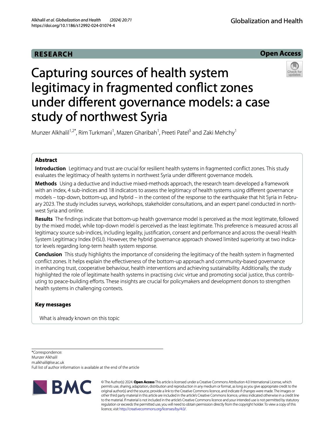 Capturing sources of health system legitimacy in fragmented conflict zones under different governance models