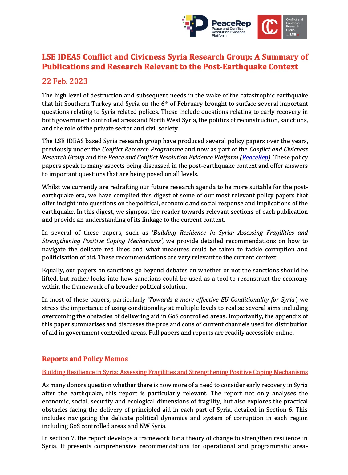 Summary of Publications and Research Relevant to the Post-Earthquake Context