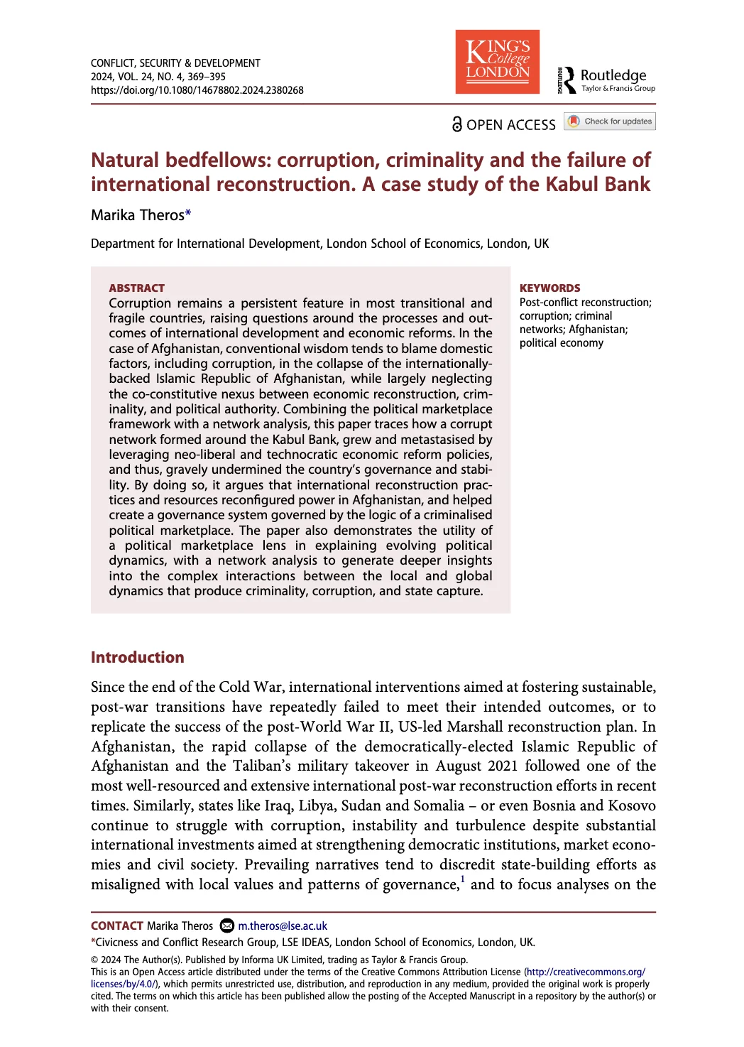 Natural bedfellows - corruption, criminality and the failure of international reconstruction. A case study of the Kabul Bank