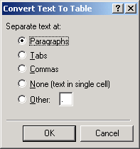 Convert Text to Table dialogue box