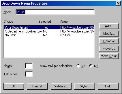 Screenshot of Drop-Down Menu Properties window