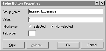 Screenshot of the 'Radio Button Properties' window with the Group Name set as 'Internet Experience', the Value set as '1', and the Initial state set as 'Not selected'.