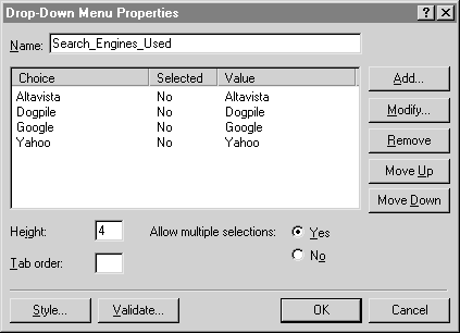 Screenshot of the 'Drop-Down Menu Properties' window with the Name set as 'Search_Engines_Used' and the options set as 'Altavista', 'Dogpile', 'Google', 'Yahoo'. None of the options are set as 'Selected'.