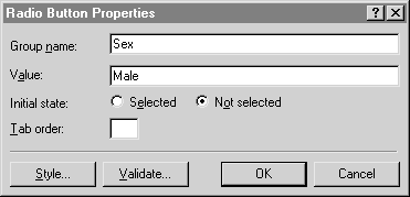 Screenshot of the 'Radio Button Properties' window with the Group name set as 'Sex', the Value set as 'Male', and the initial state set as 'Not selected'