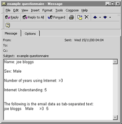 Screenshot showing an example email message with the user data as both paragraphs and a single line of tab-delimited text
