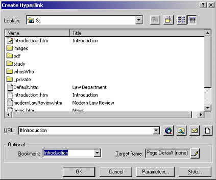 screenshot of Create Hyperlink dialogue box with bookmark option