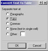 screenshot of Convert Text to Table dialogue box