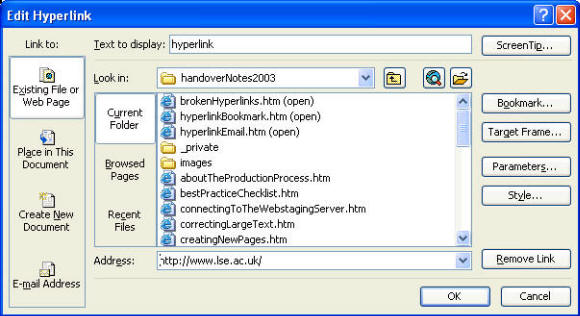Screenshot of Edit Hyperlink dialogue box